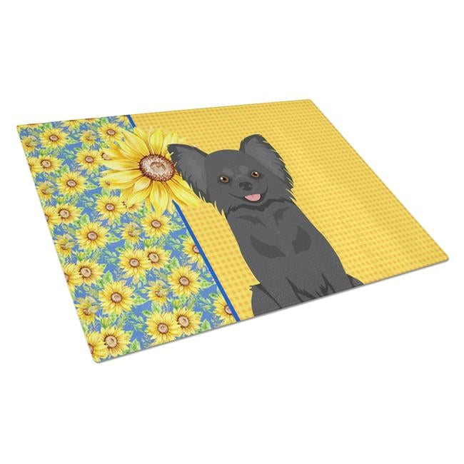 Summer Sunflowers Longhaired Black Chihuahua Glass Cutting Board Large 12 in x 15 in
