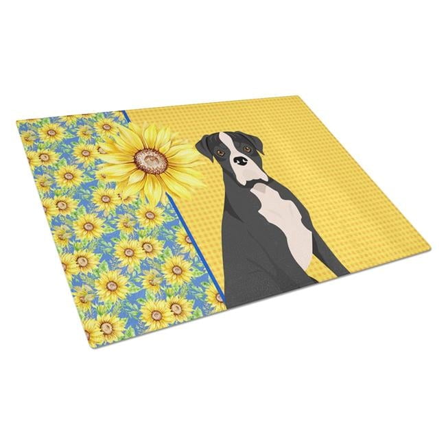 Summer Sunflowers Natural Eared Black Boxer Glass Cutting Board Large 12 in x 15 in
