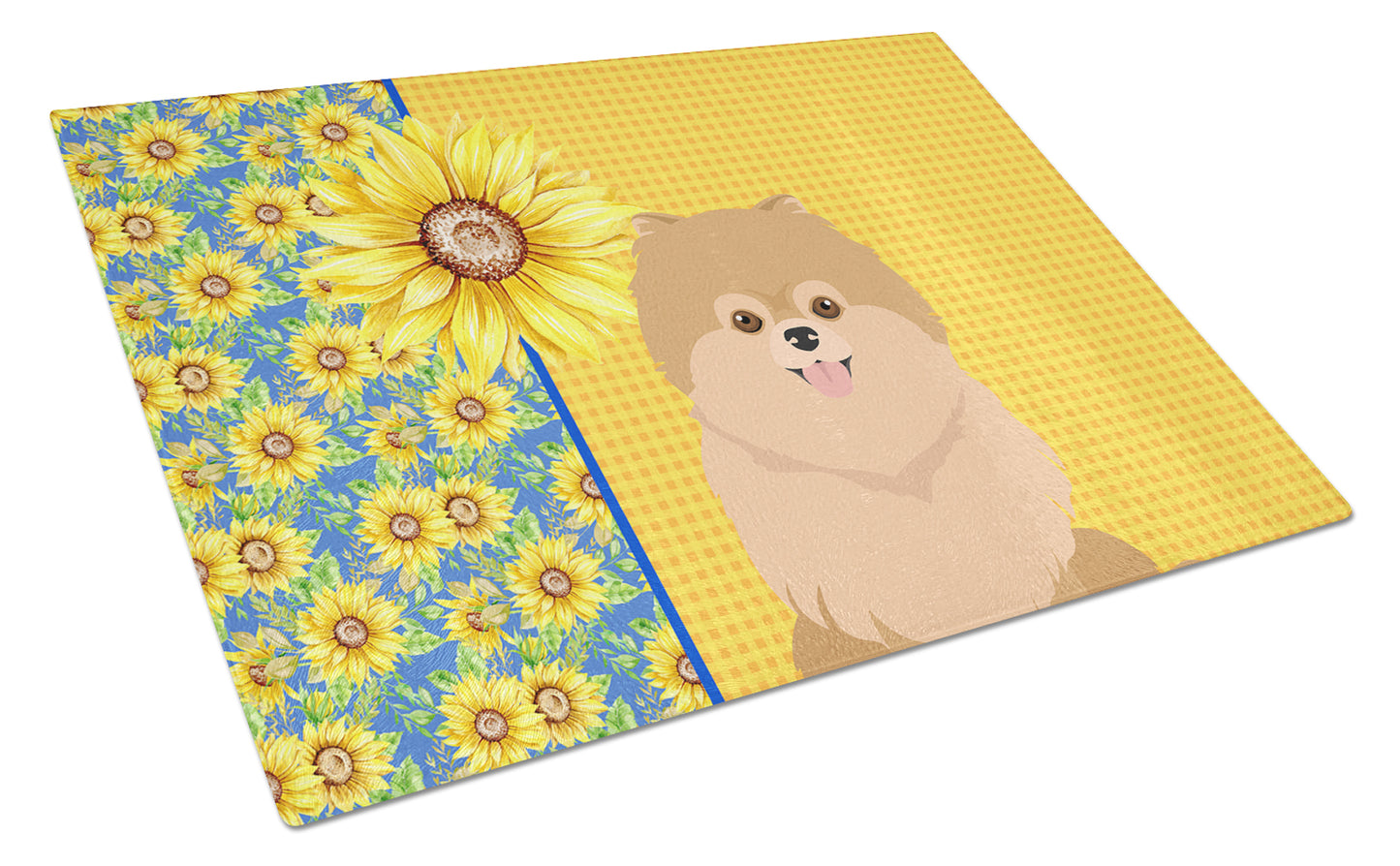 Summer Sunflowers Orange Pomeranian Glass Cutting Board Large 12 in x 15 in