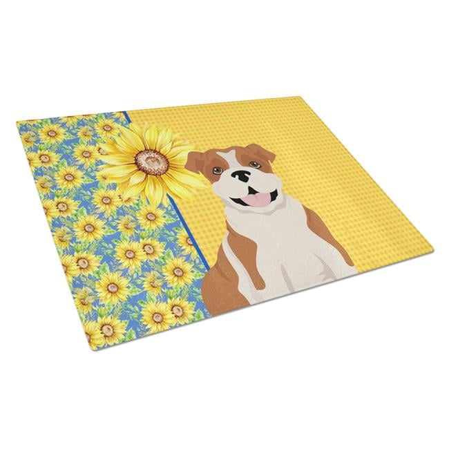 Summer Sunflowers Red English Bulldog Glass Cutting Board Large 12 in x 15 in