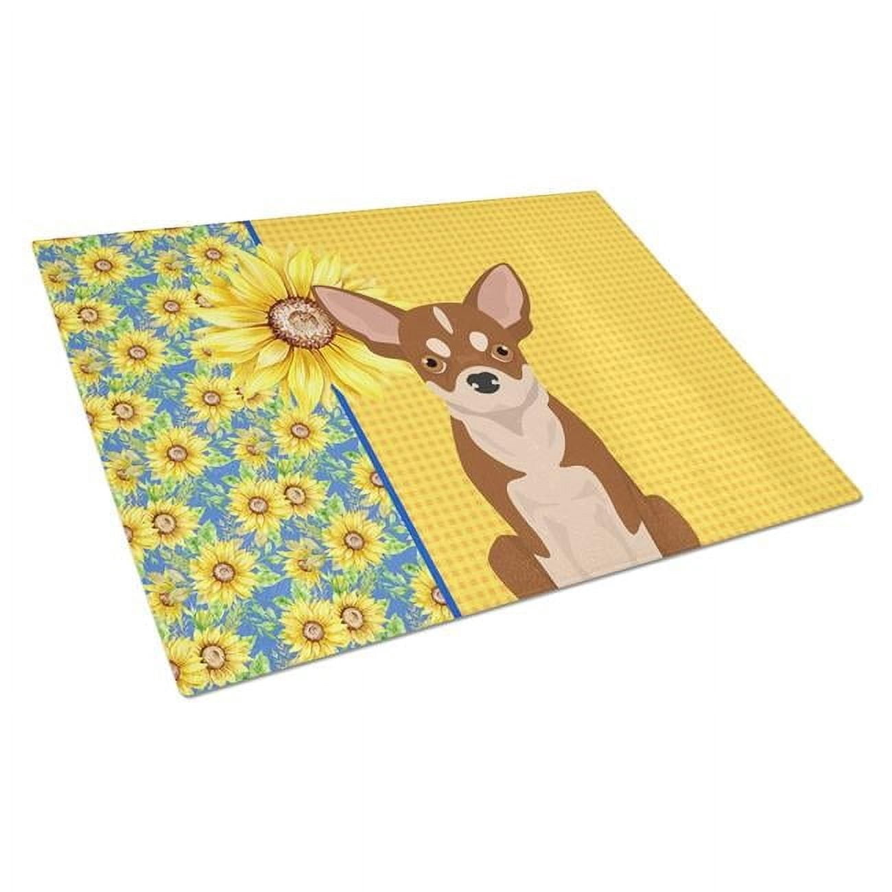 Summer Sunflowers Red and White Chihuahua Glass Cutting Board Large 12 in x 15 in