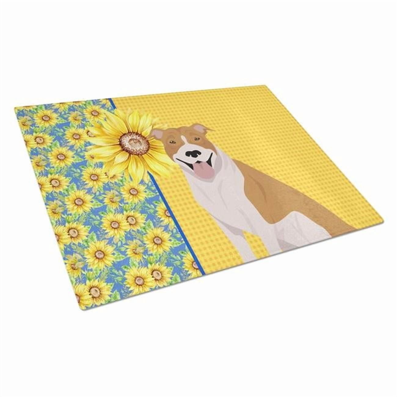 Summer Sunflowers Red and White Pit Bull Terrier Glass Cutting Board Large 12 in x 15 in