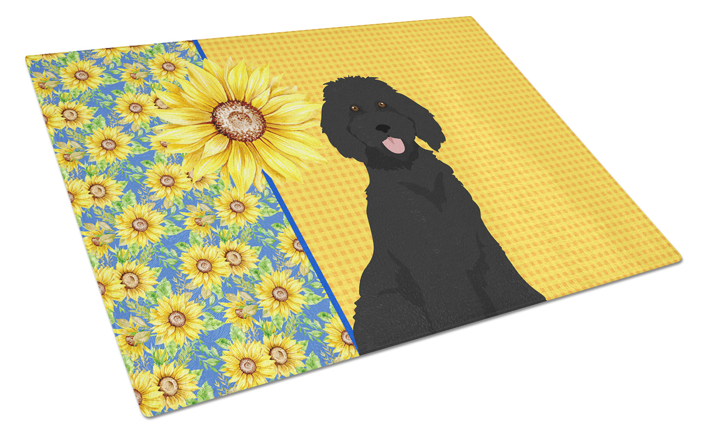Summer Sunflowers Standard Black Poodle Glass Cutting Board Large 12 in x 15 in