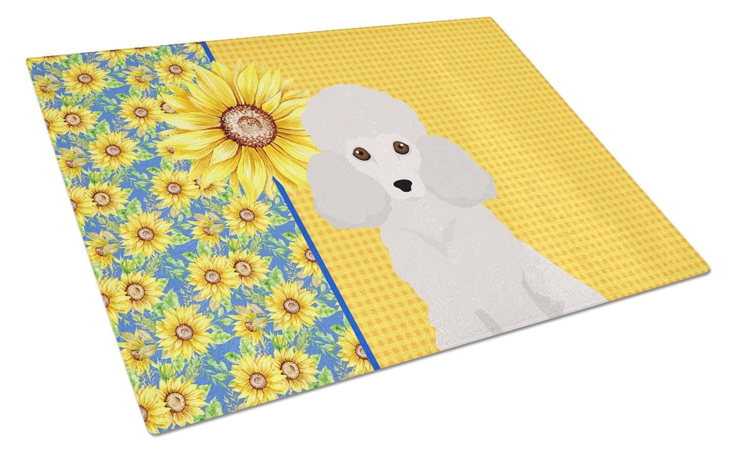Summer Sunflowers Toy White Poodle Glass Cutting Board Large 12 in x 15 in