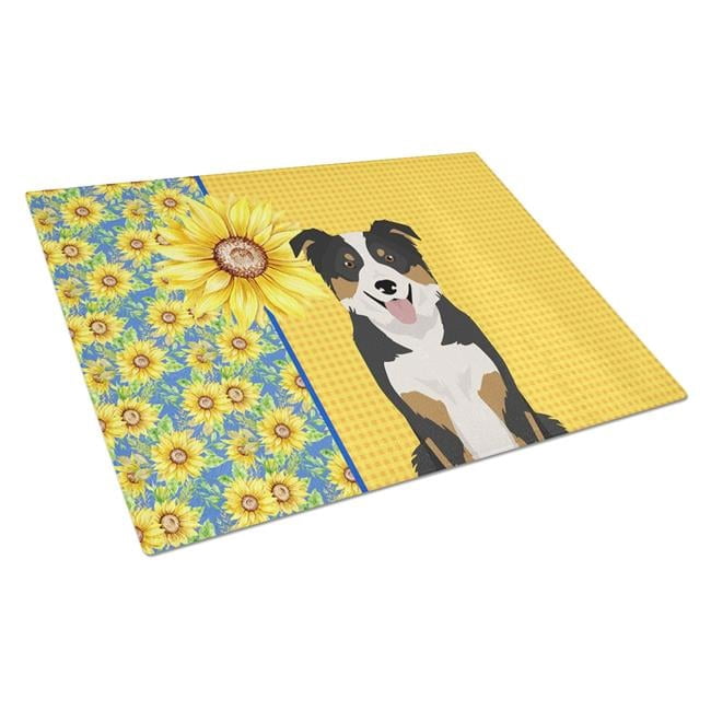 Summer Sunflowers Tricolor Border Collie Glass Cutting Board Large 12 in x 15 in