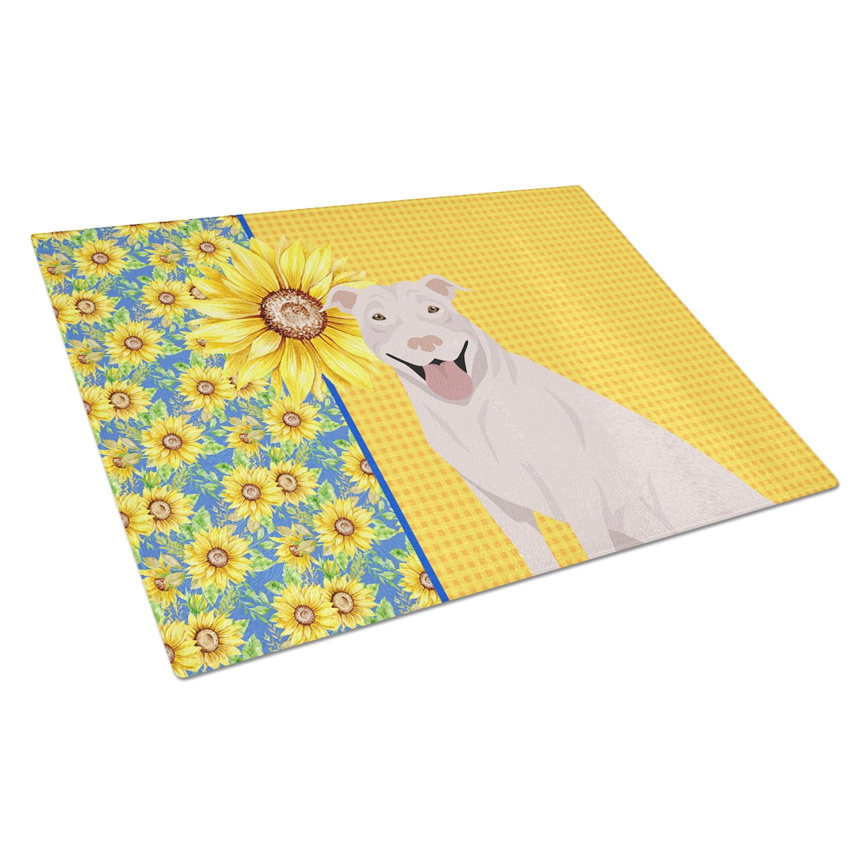 Summer Sunflowers White Pit Bull Terrier Glass Cutting Board Large 12 in x 15 in