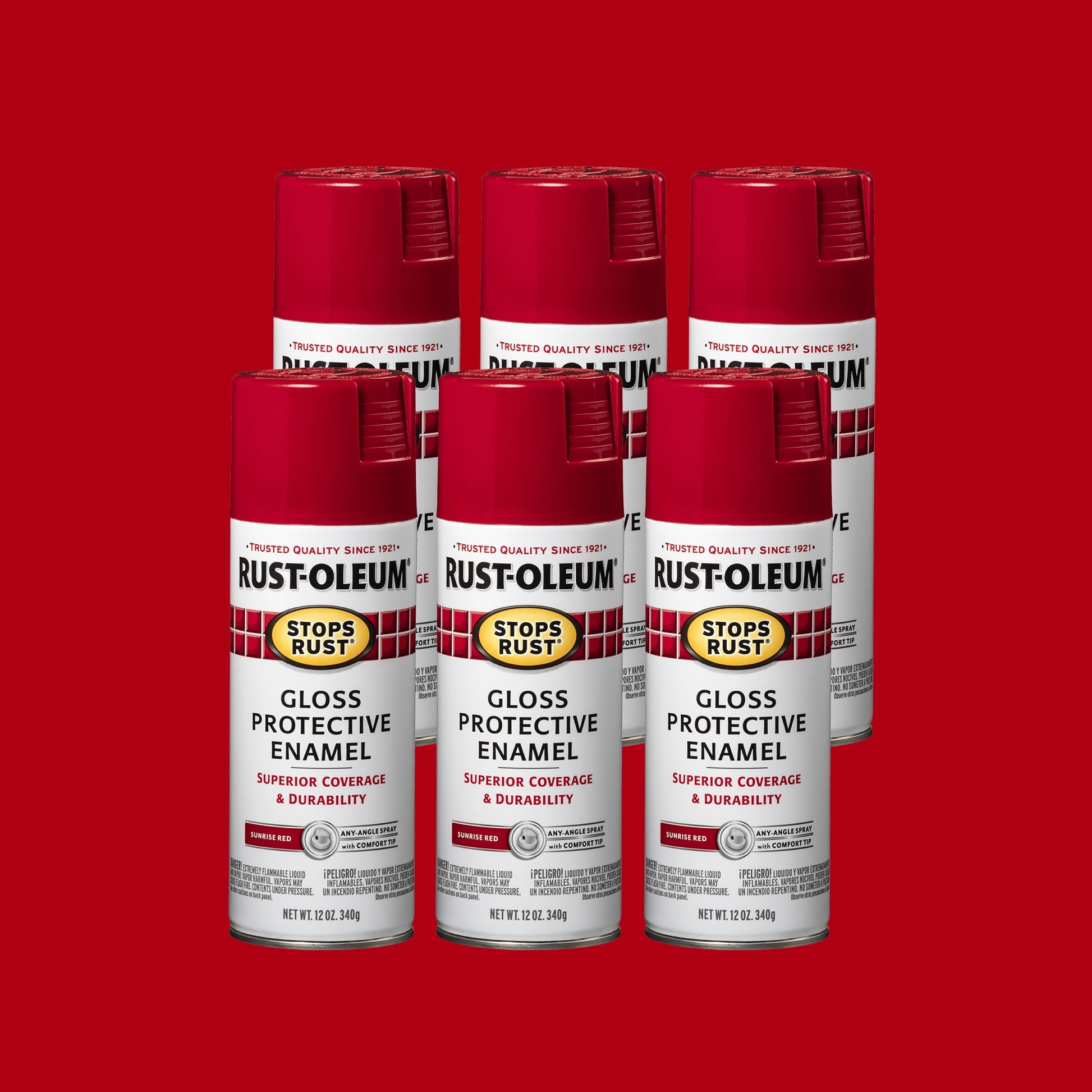 Sunrise Red, Rust-Oleum Stops Rust Gloss Protective Enamel Spray Paint, 12 oz, 6 Pack