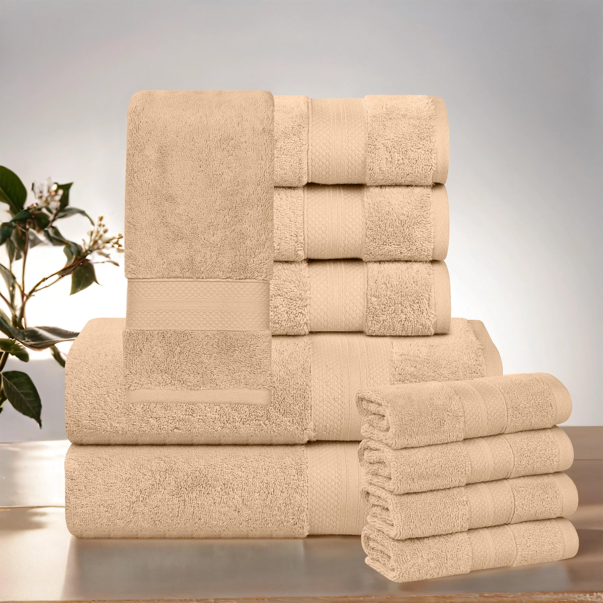 Superior Aria Turkish Cotton 10-Piece Towel Set, Ultra Soft Heavyweight Towels, Hazelnut