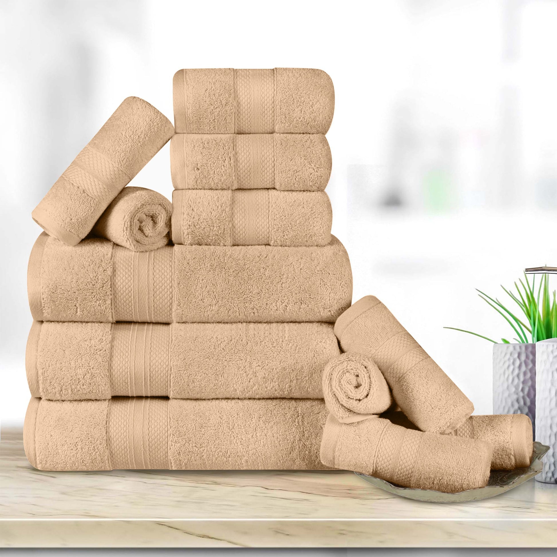 Superior Aria Turkish Cotton 12-Piece Towel Set, Ultra Soft Heavyweight Towels, Hazelnut
