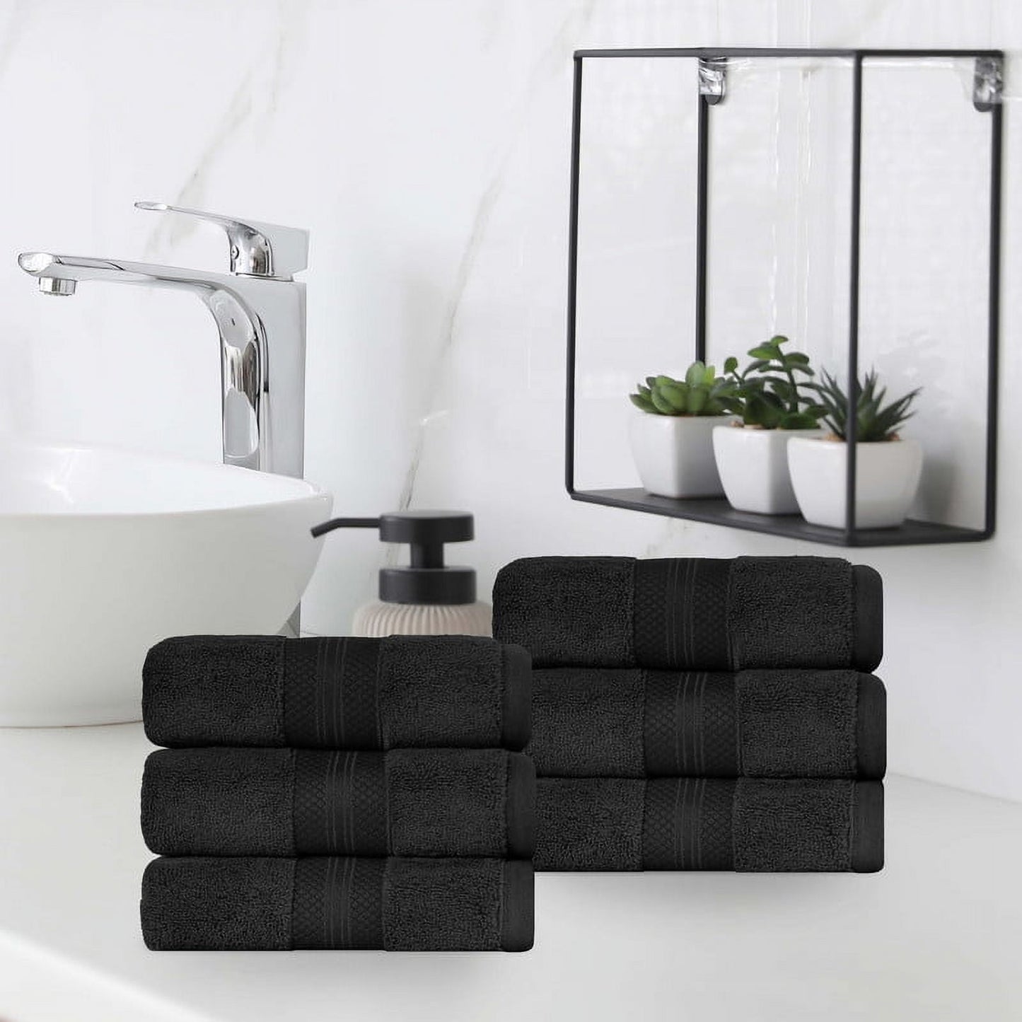 Superior Aria Turkish Cotton 6-Piece Hand Towel Set, Ultra Soft Heavyweight Towels, Black