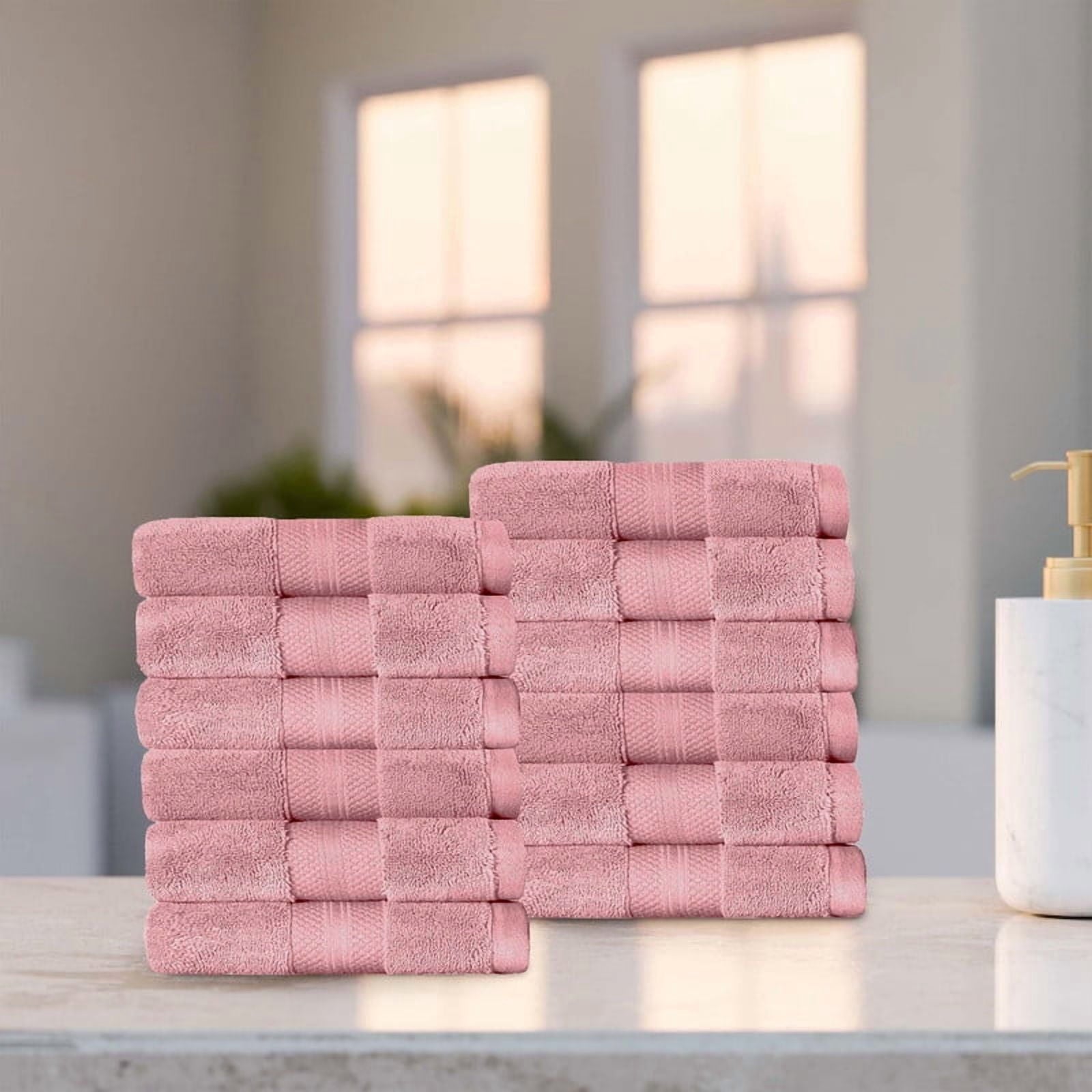 Superior Aria Turkish Cotton 12-Piece Face Towel Set, Ultra Soft Heavyweight Towels, Coral pink