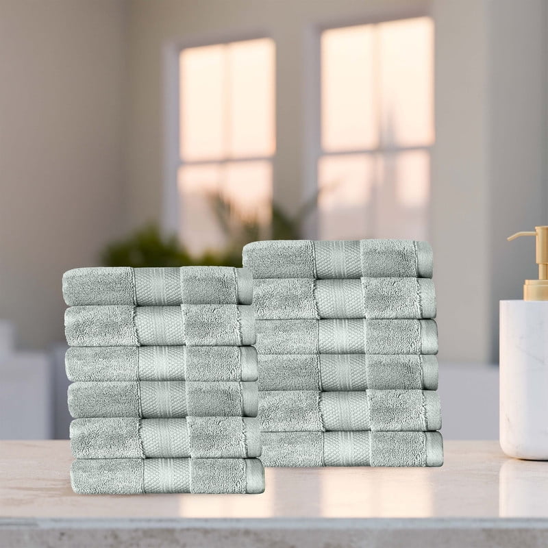 Superior Aria Turkish Cotton 12-Piece Face Towel Set, Ultra Soft Heavyweight Towels, Olive Green