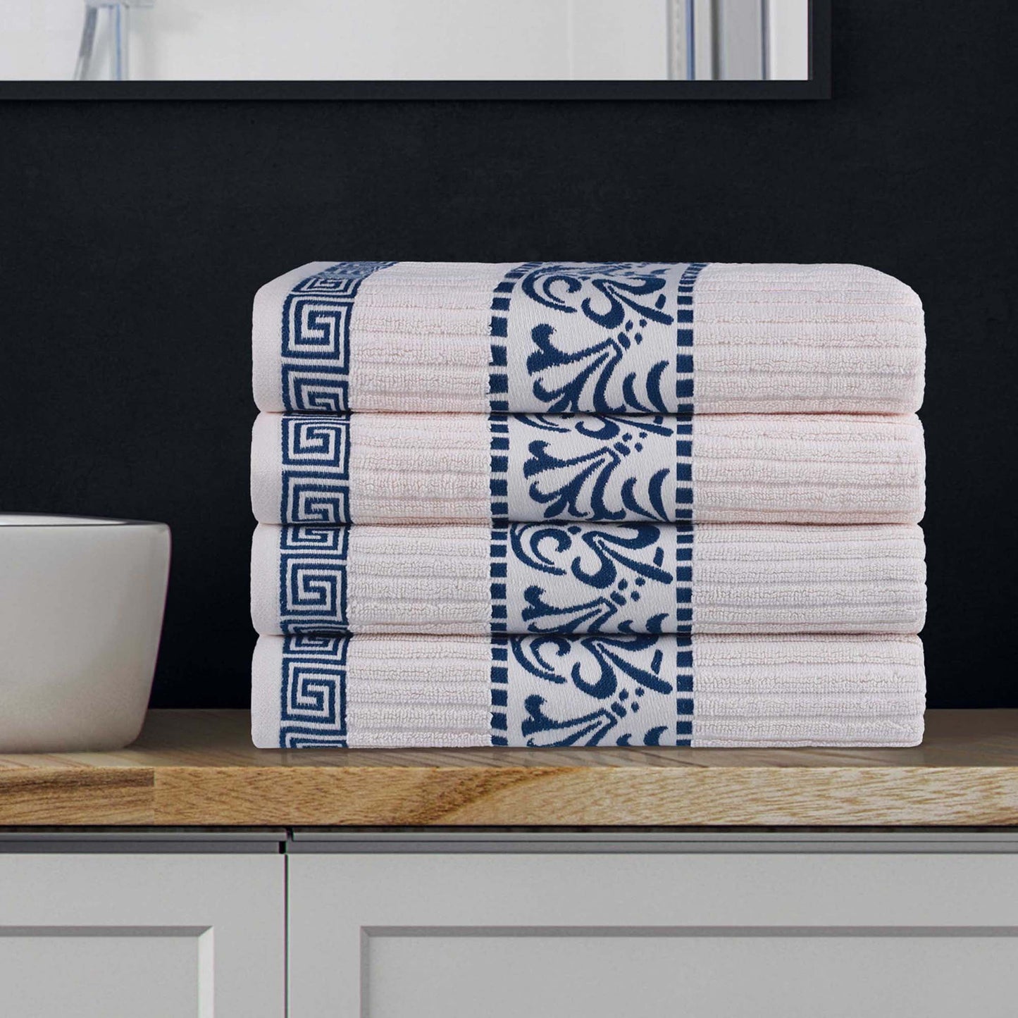 Superior Athens Cotton Greek Scroll Bath Towel Set of 4, Ivory-Navy