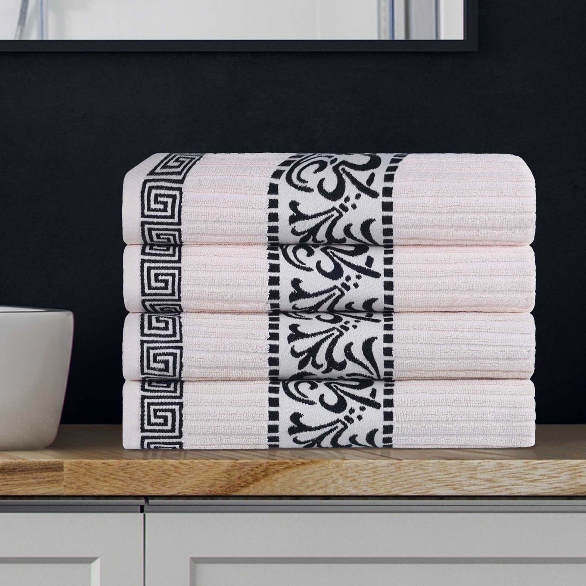 Superior Athens Cotton Greek Scroll Bath Towel Set of 4, Ivory-Black