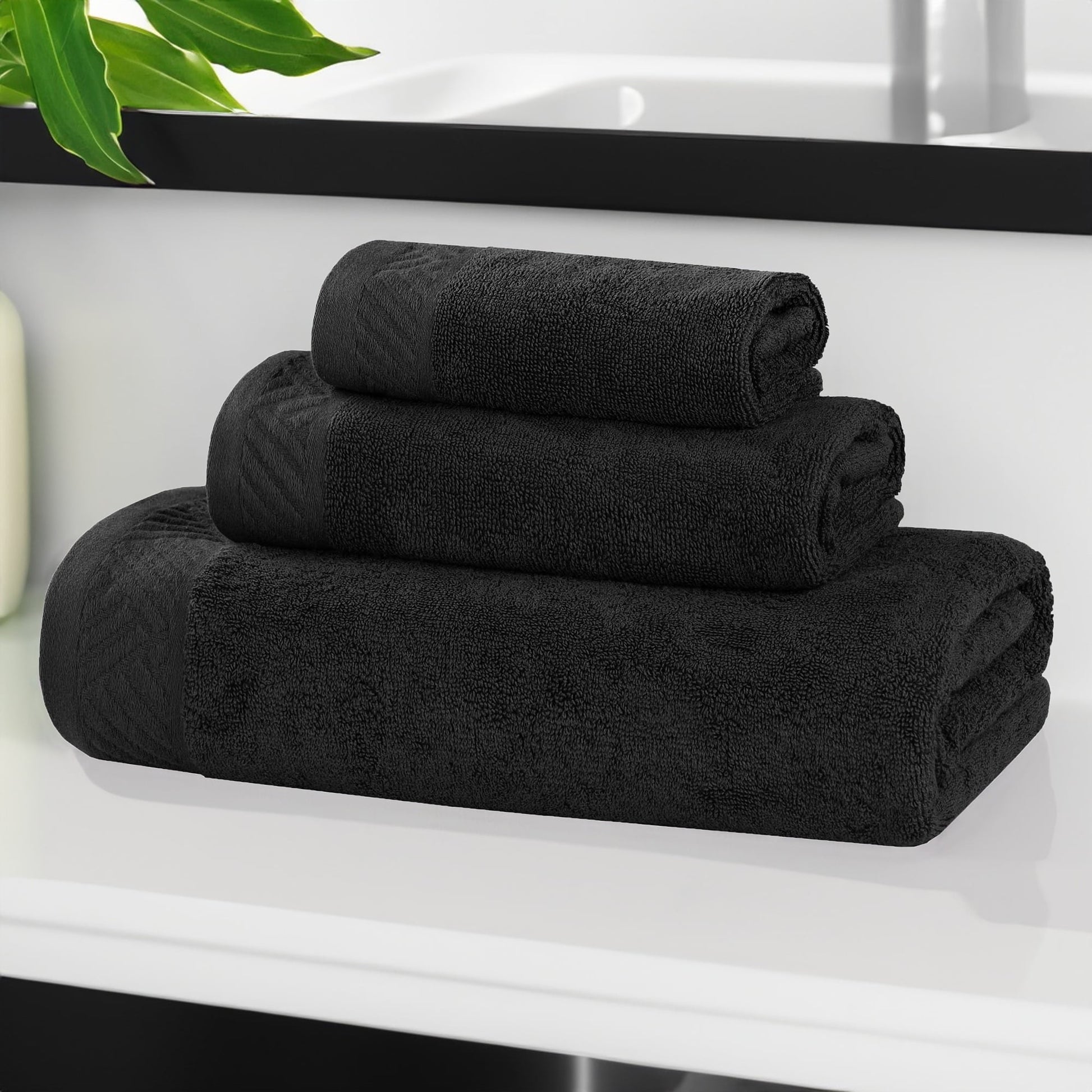 Superior Basketweave Egyptian Cotton Solid 3 Piece Towel Set, Black