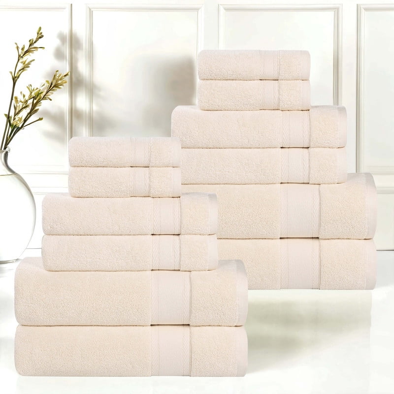 Superior Belmont 12 Piece Zero Twist Towel Set, Ultra Soft Cotton Towels, Ivory