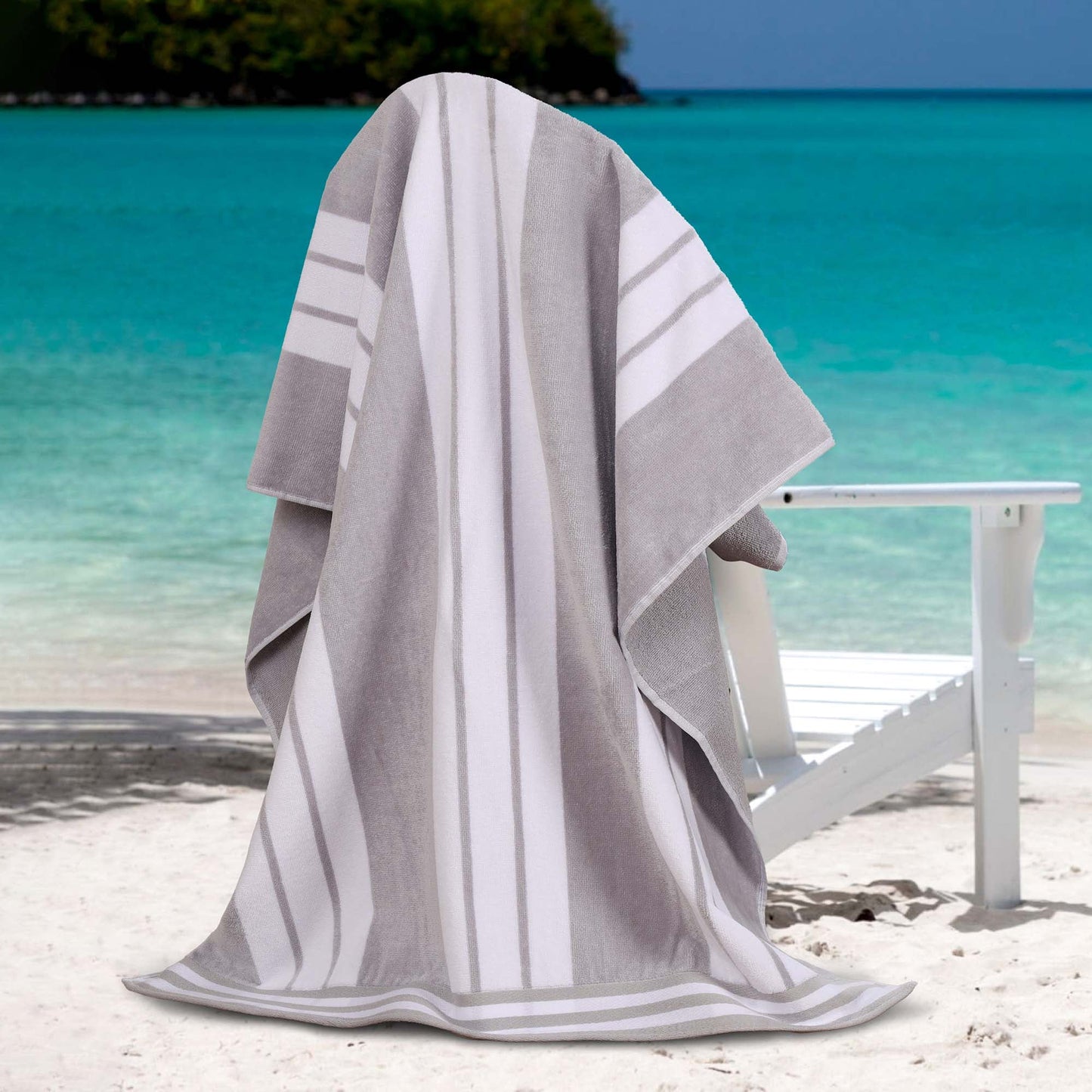 Superior Cotton Striped Oversized Beach Towel Set of 2, 34" x 64", Light Grey