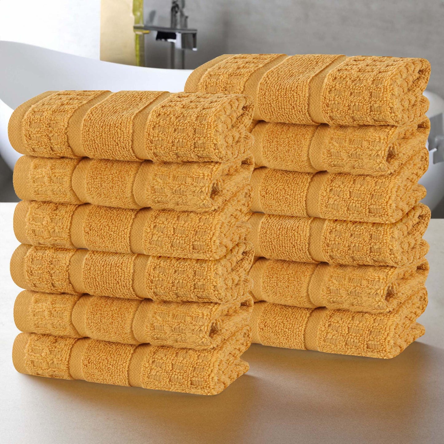 Superior Zero Twist 12-Piece Cotton Face Towel Set, Waffle Border Ultra Doft Quick Dry Towels, Gold