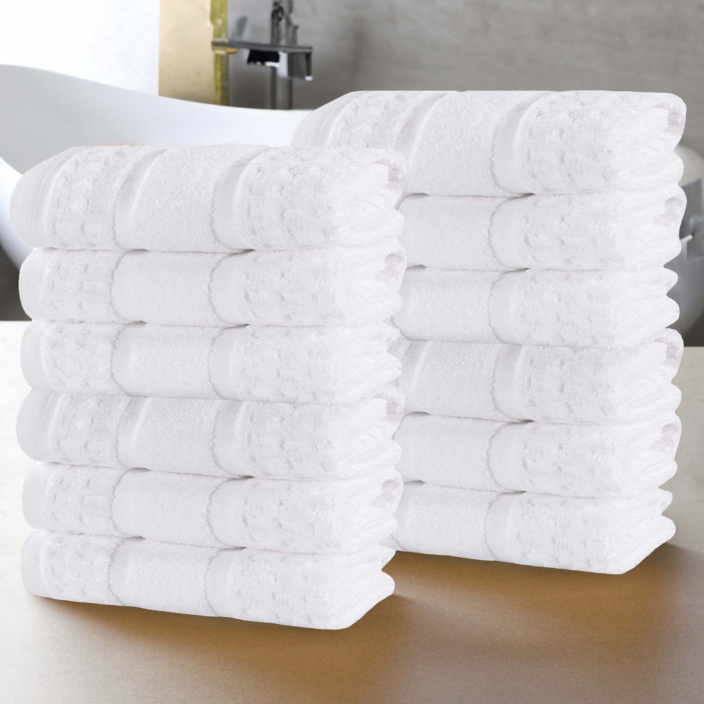 Superior Zero Twist 12-Piece Cotton Face Towel Set, Waffle Border Ultra Doft Quick Dry Towels, White