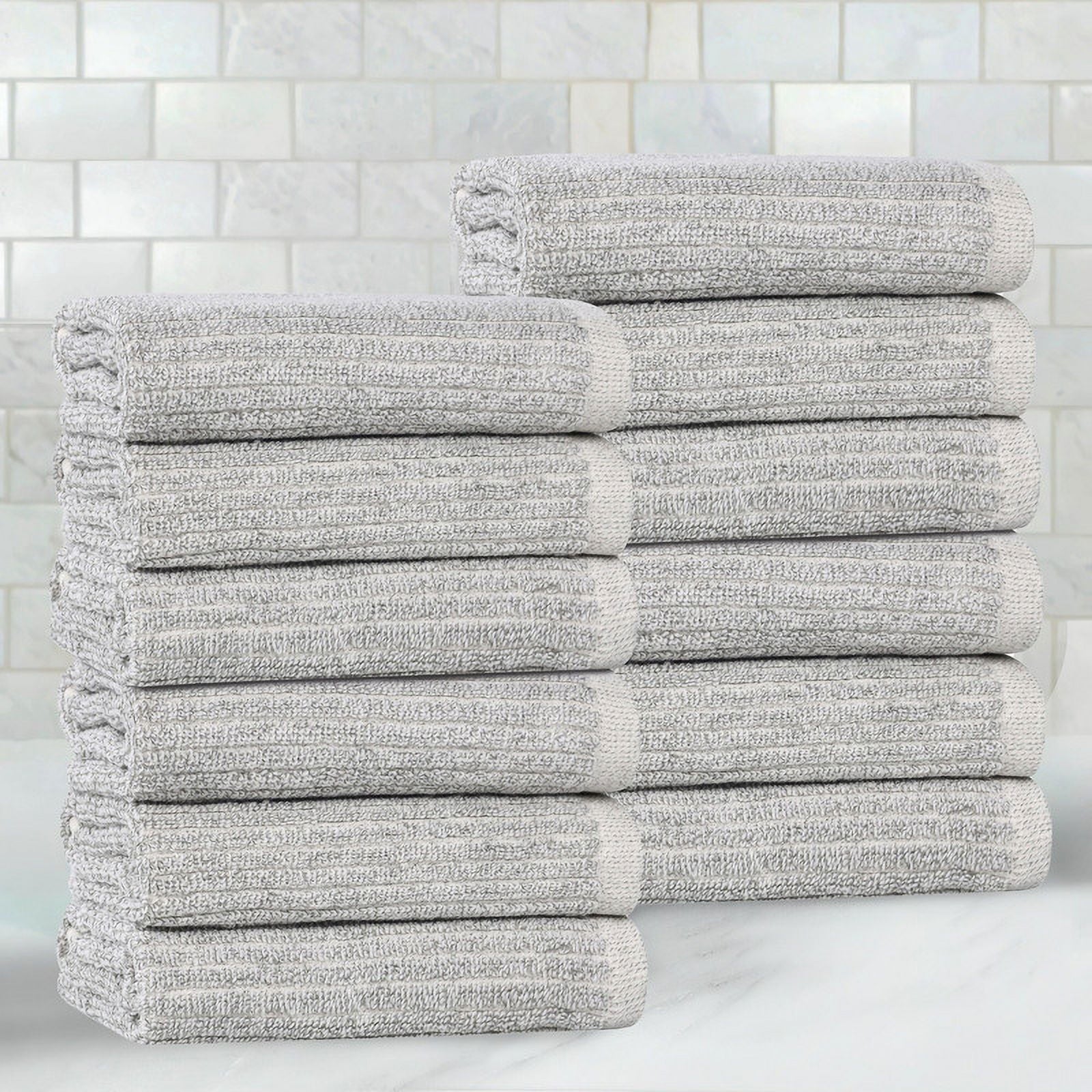 Superior Destin Viscose 12 Piece Cotton Blend Face Towel Set, Medium Weight Soft Towels, Platinum