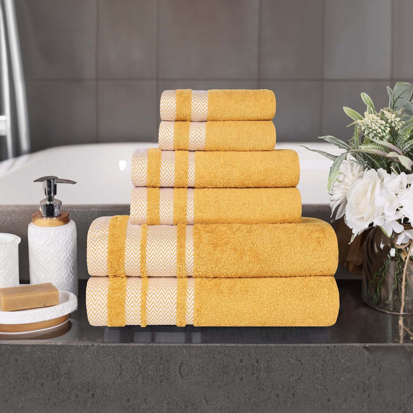Superior Hays 6 Piece Cotton Plush Towel Set, Ultra Soft Absobent Towels, Gold