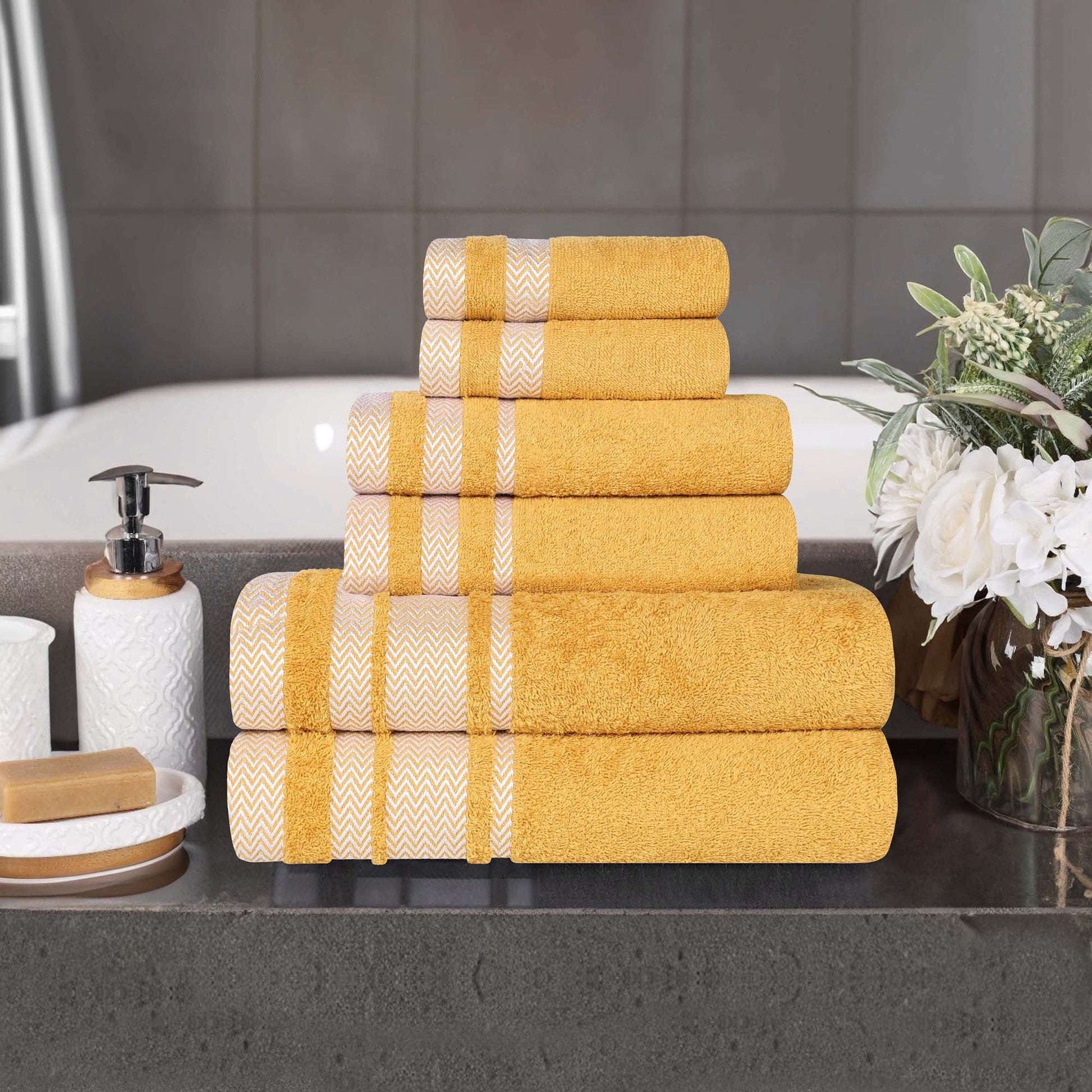 Superior Hays 6 Piece Cotton Plush Towel Set, Ultra Soft Absobent Towels, Gold