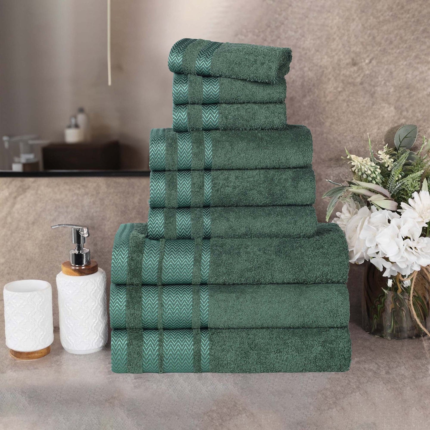 Superior Hays 9 Piece Cotton Plush Towel Set, Ultra Soft Absobent Towels, Forest Green