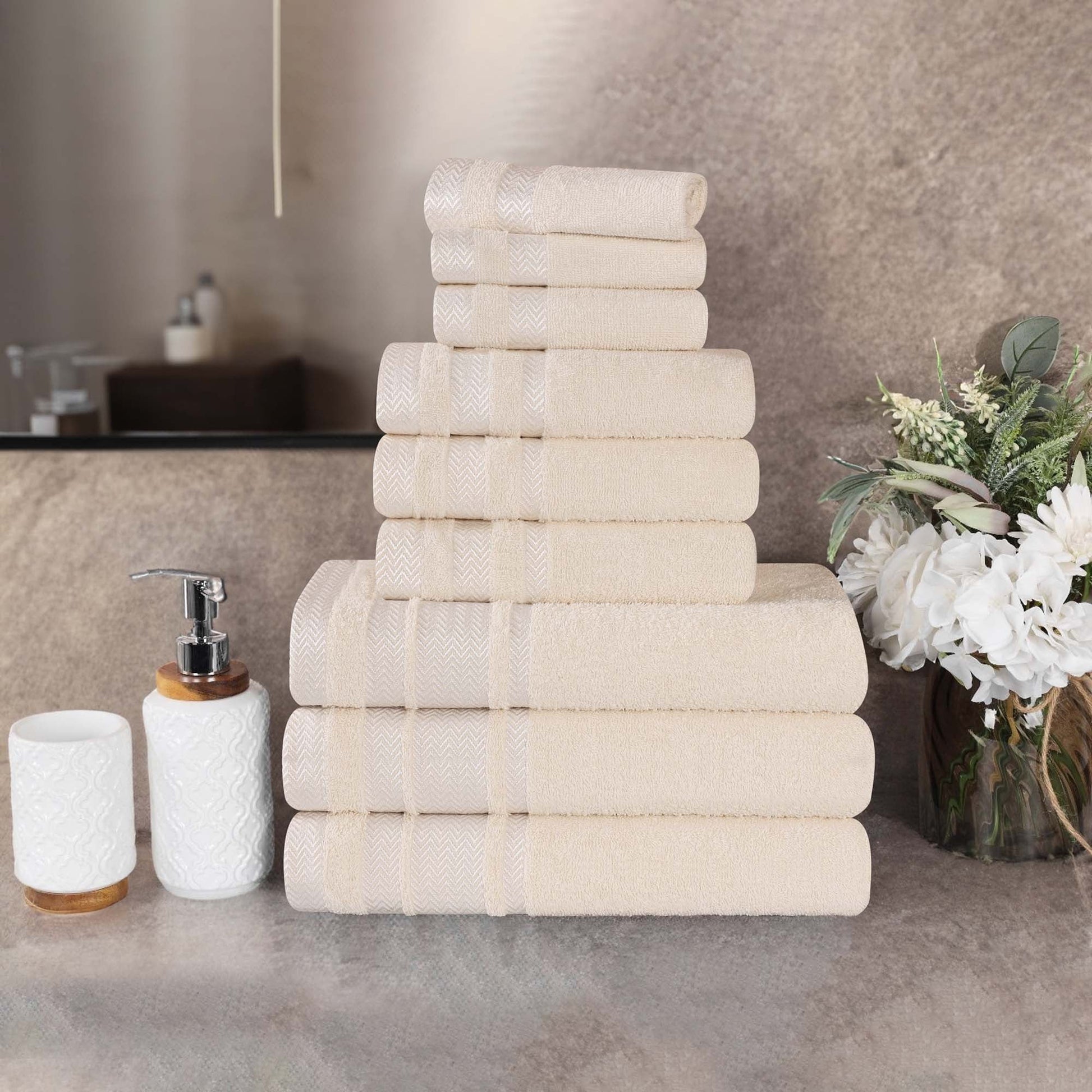 Superior Hays 9 Piece Cotton Plush Towel Set, Ultra Soft Absobent Towels, Ivory