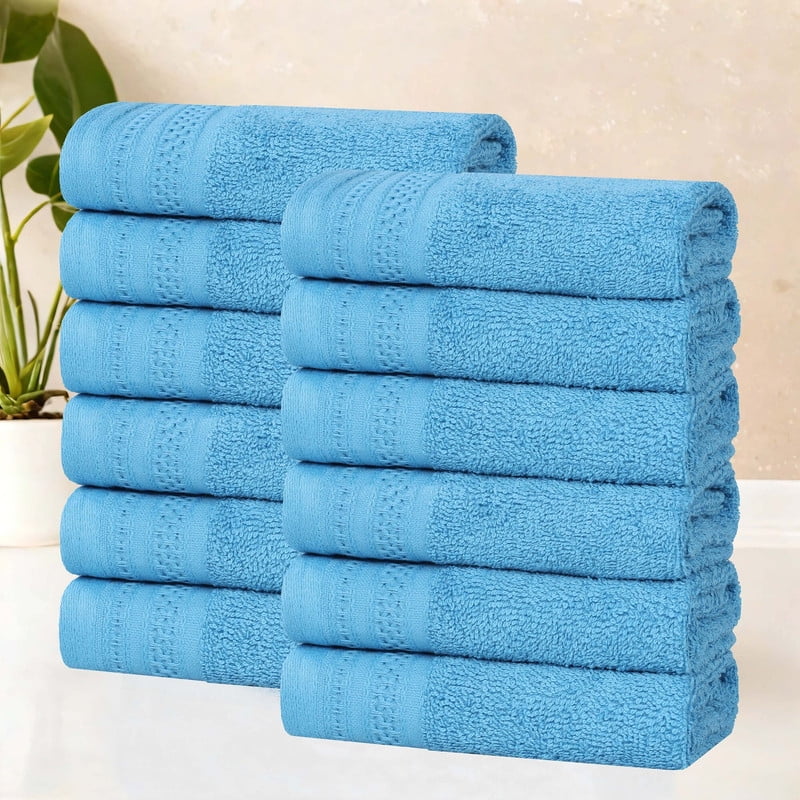 Superior Honeycomb Cotton Medium Weight Face Towels Washcloths, Set of 12, Azure