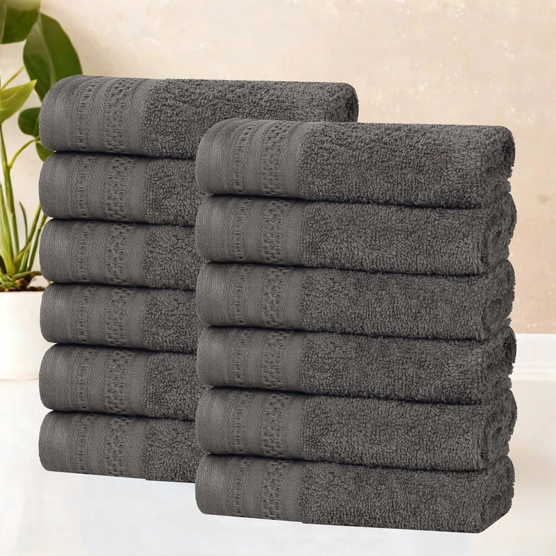 Superior Honeycomb Cotton Medium Weight Face Towels Washcloths, Set of 12, Gunmetal