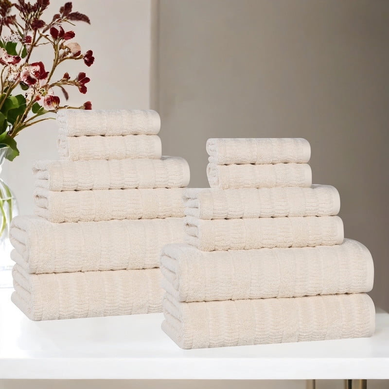 Superior Mika Smart Twist Cotton Medium Weight 12 Piece Towel Set, Quick Dry Towels, Ivory
