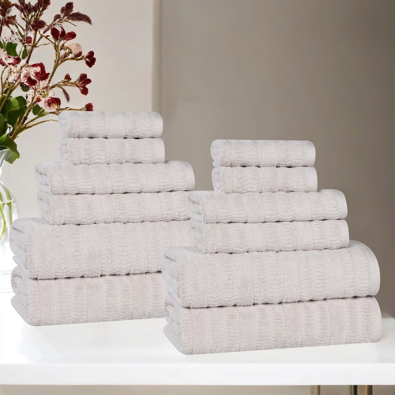 Superior Mika Smart Twist Cotton Medium Weight 12 Piece Towel Set, Quick Dry Towels, Silver