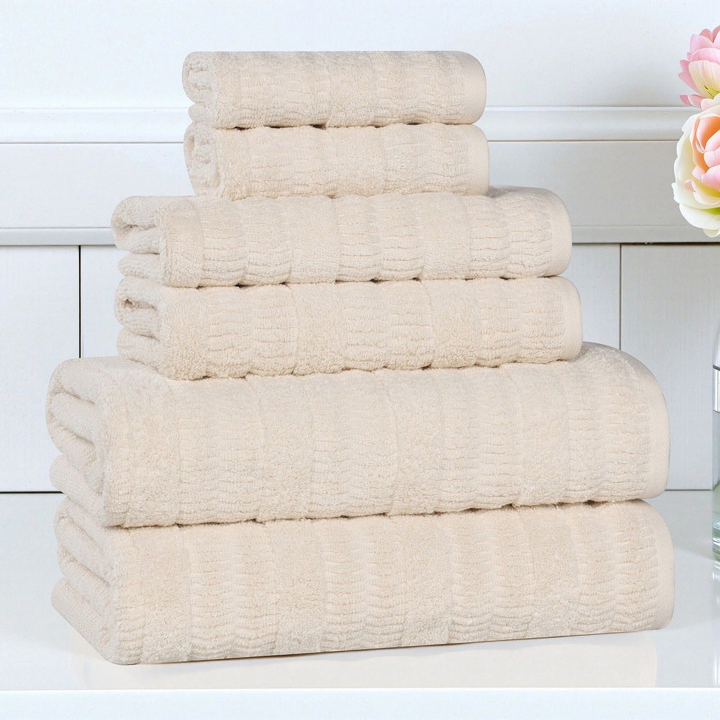 Superior Mika Smart Twist Cotton Medium Weight 6 Piece Towel Set, Quick Dry Towels, Ivory
