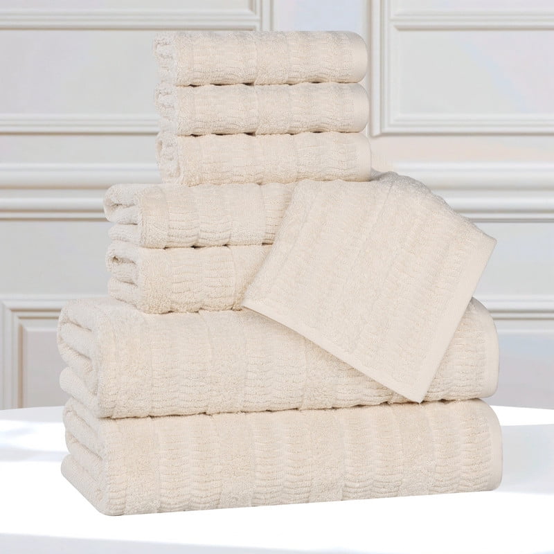 Superior Mika Smart Twist Cotton Medium Weight 8 Piece Towel Set, Quick Dry Towels, Ivory