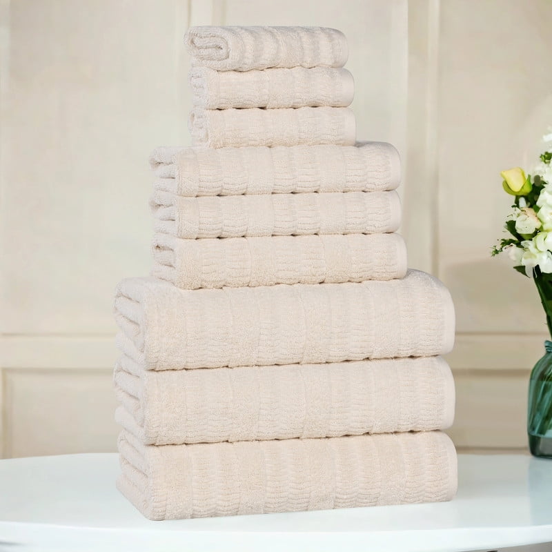Superior Mika Smart Twist Cotton Medium Weight 9 Piece Towel Set, Quick Dry Towels, Ivory