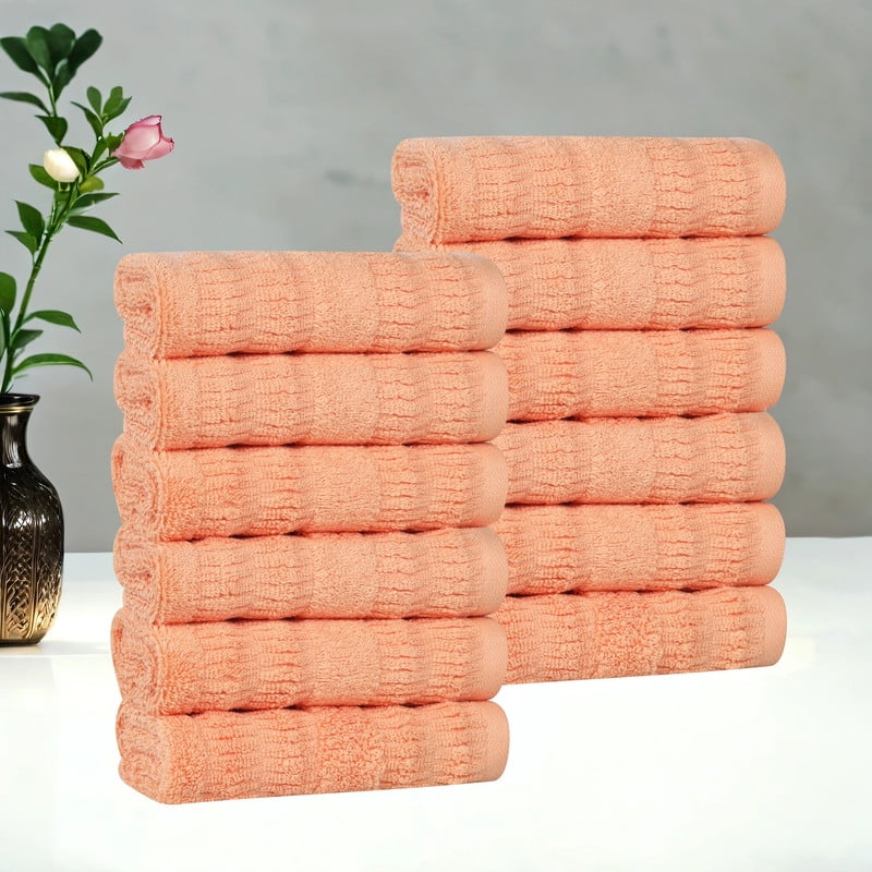 Superior Mika Smart Twist Cotton Medium Weight Face Towels Washcloths, Set of 12, Quick Dry Towels, Peach