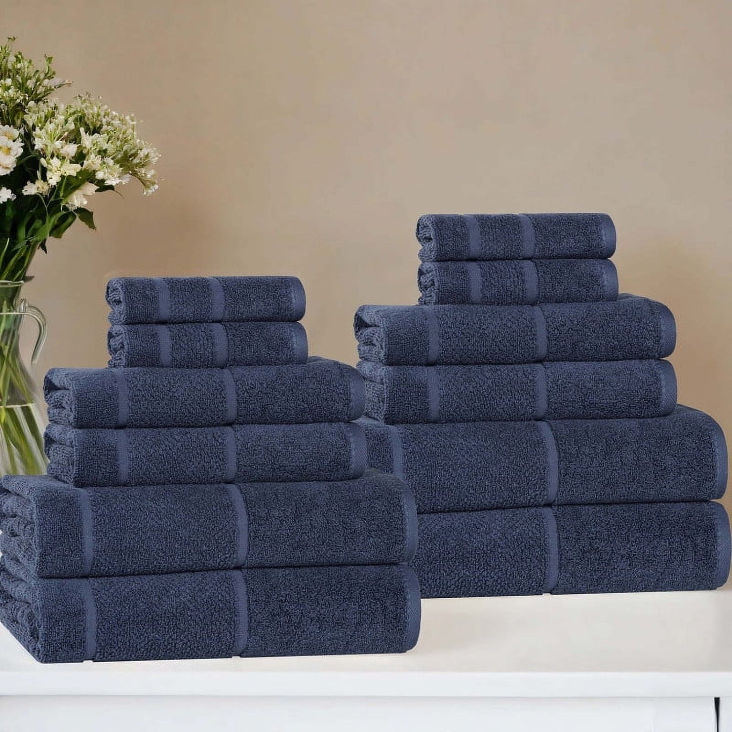 Superior Mile Smart Twist Cotton Medium Weight 12 Piece Towel Set, Ultra Absorbant Towels, Navy Blue