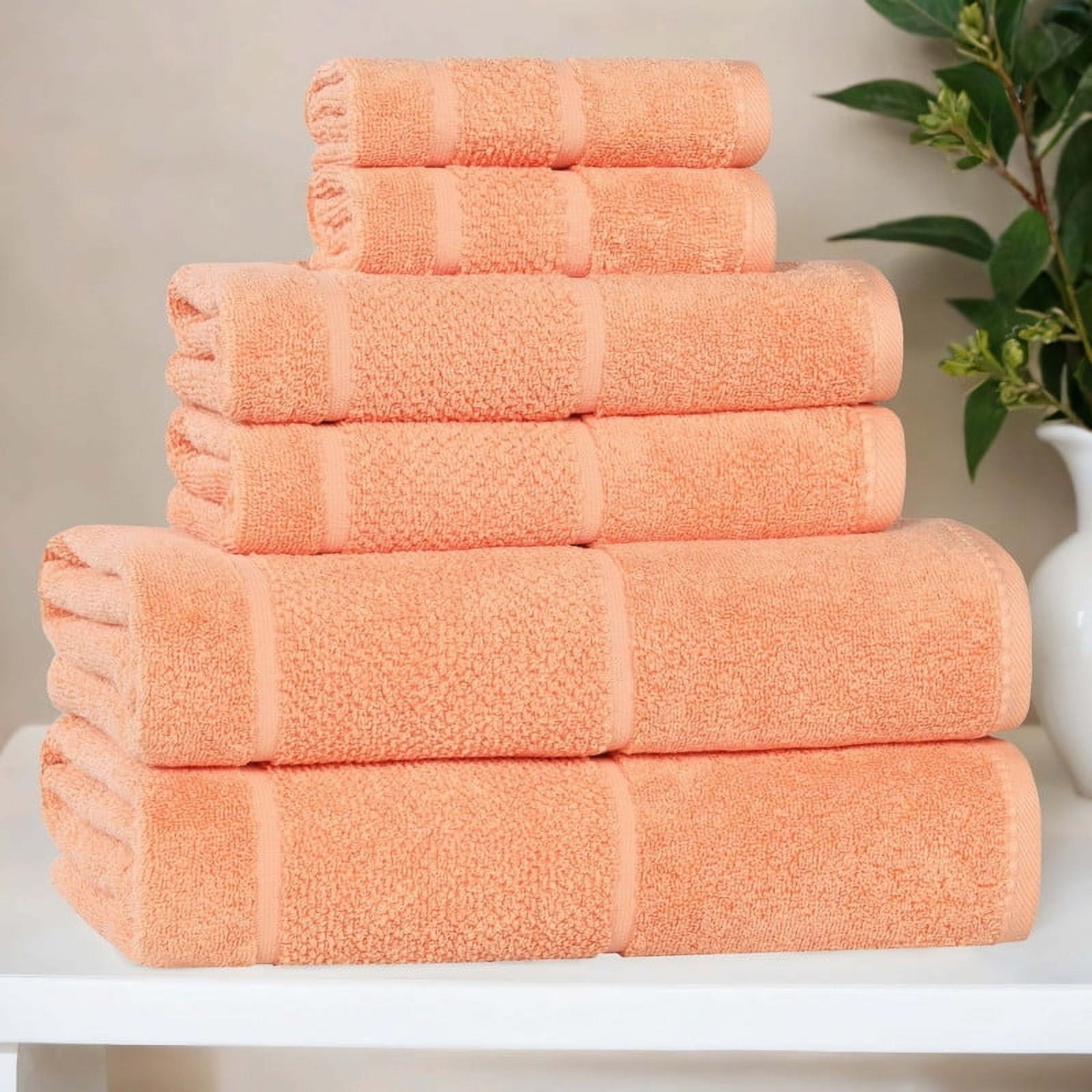 Superior Mile Smart Twist Cotton Medium Weight 6 Piece Towel Set, Ultra Absorbant Towels, Peach