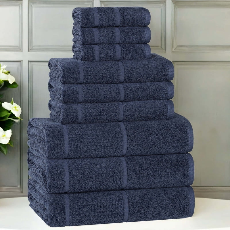 Superior Mile Smart Twist Cotton Medium Weight 9 Piece Towel Set, Navy Blue