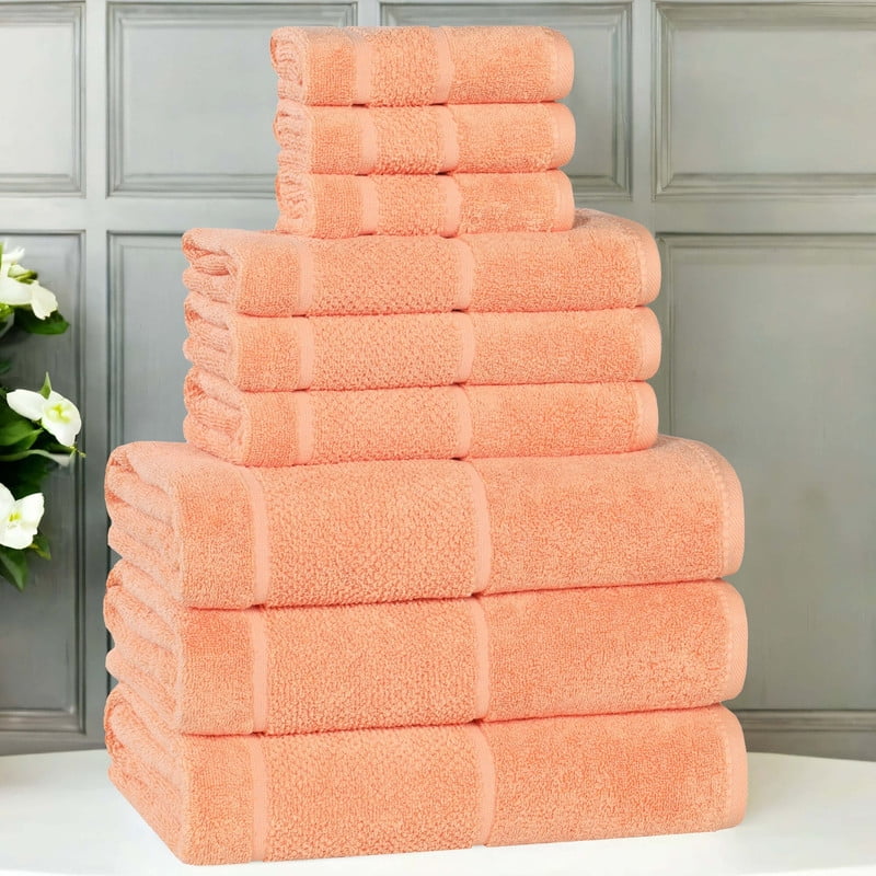 Superior Mile Smart Twist Cotton Medium Weight 9 Piece Towel Set, Ultra Absorbant Towels, Peach