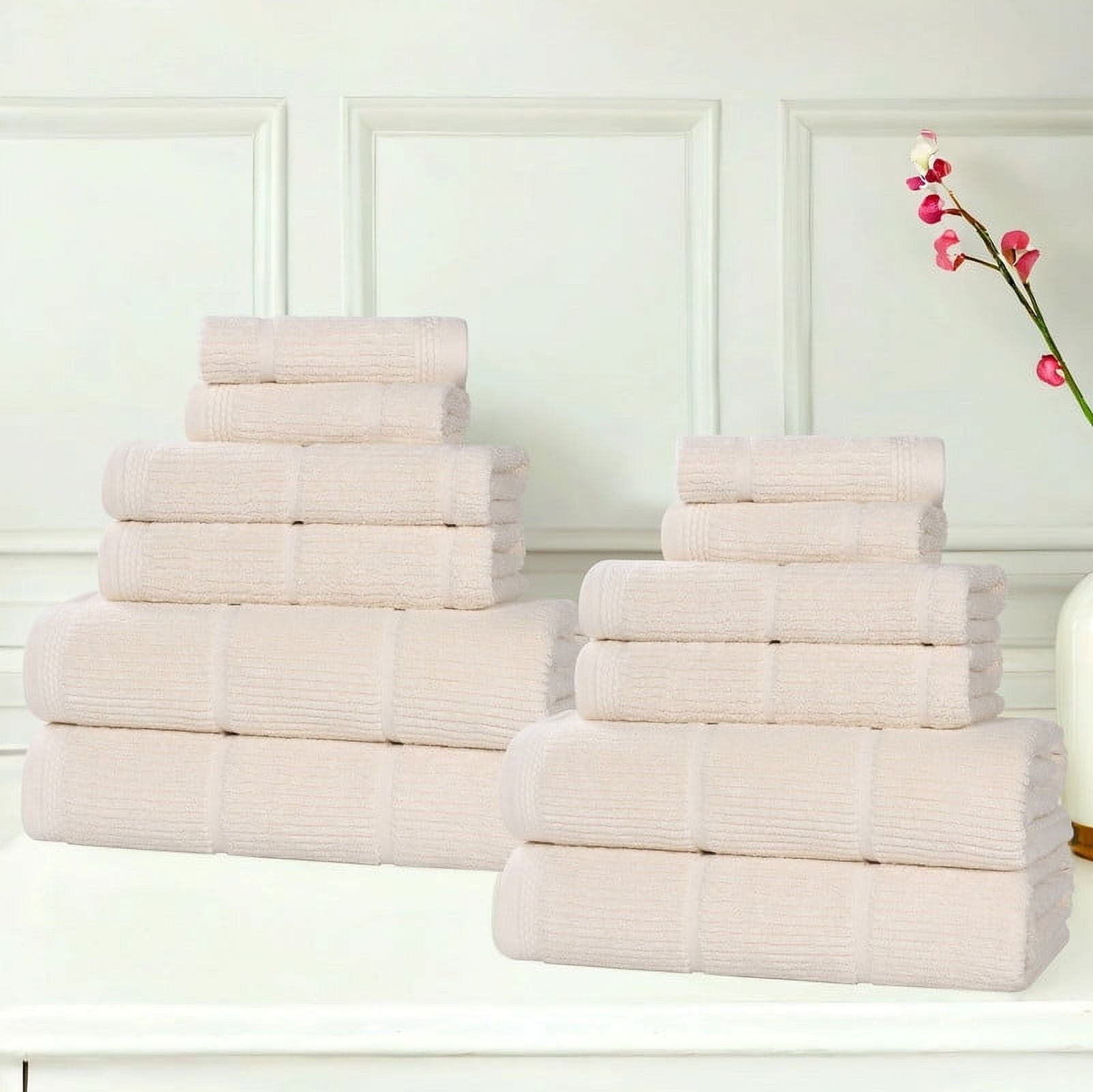 Superior Milo 12 Piece Smart Twist Cotton Towel Set, Medium Weight Ribbed Design Towels, Ivory