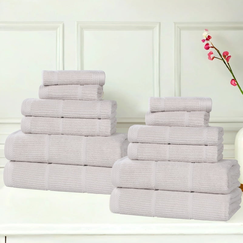 Superior Milo 12 Piece Smart Twist Cotton Towel Set, Medium Weight Ribbed Design Towels, Silver