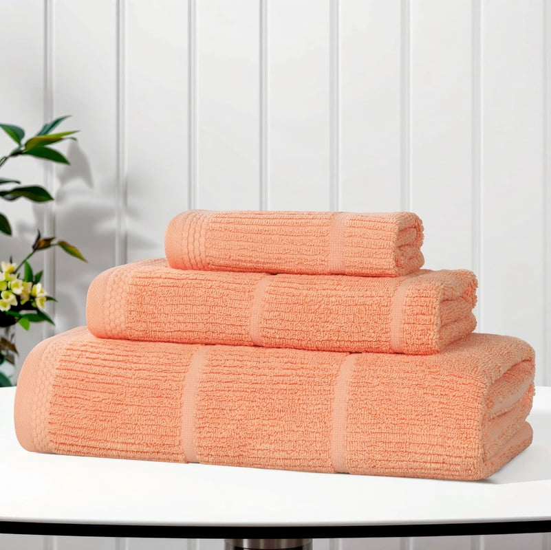 Superior Milo 3 Piece Smart Twist Cotton Towel Set, Medium Weight Ribbed Design Towels, Peach