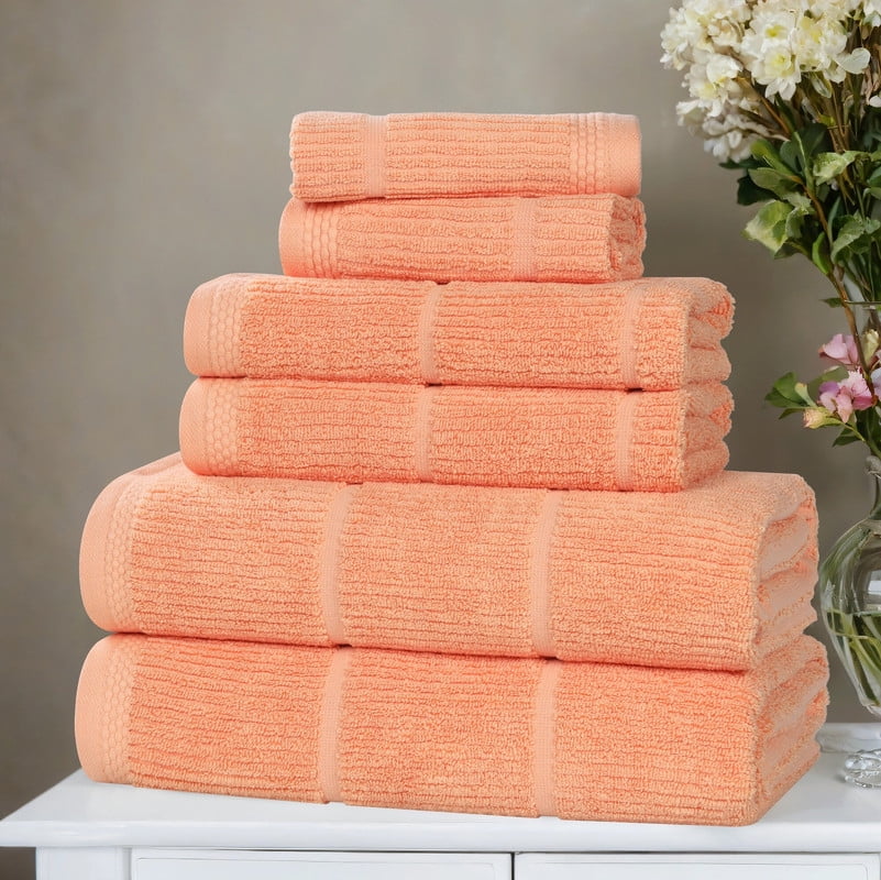 Superior Milo 6 Piece Smart Twist Cotton Towel Set, Medium Weight Ribbed Design Towels, Peach