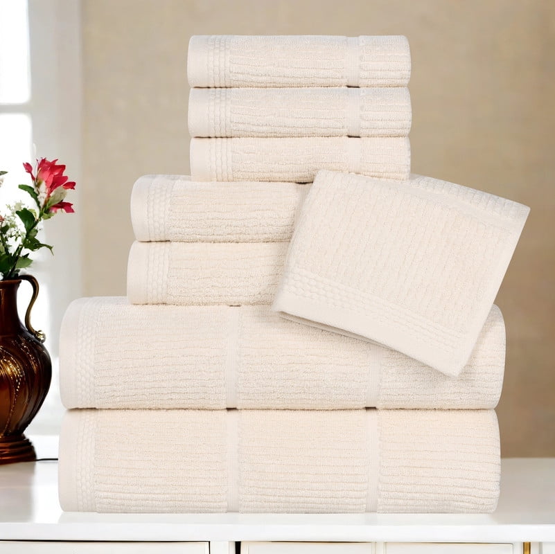Superior Milo 8 Piece Smart Twist Cotton Towel Set, Medium Weight Ribbed Design Towels, Ivory