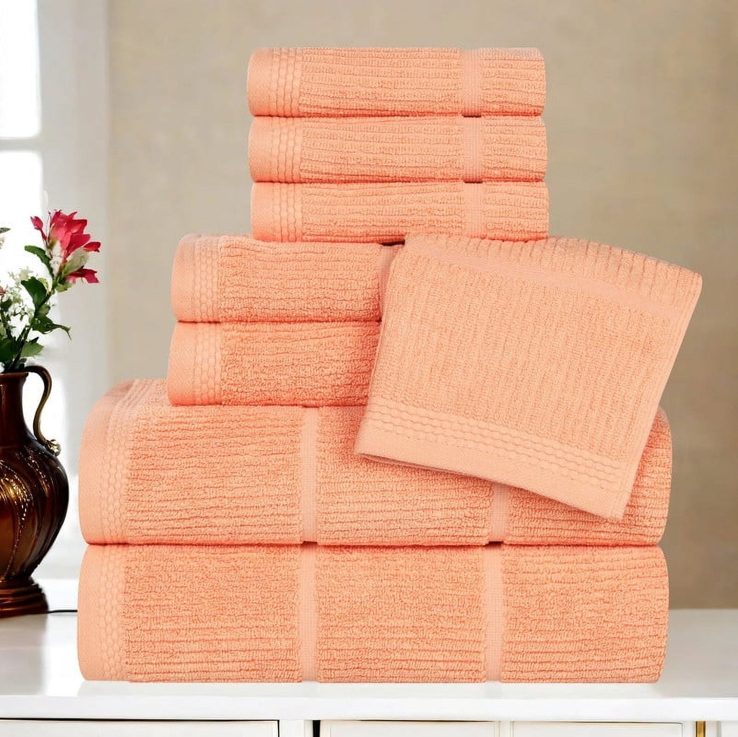 Superior Milo 8 Piece Smart Twist Cotton Towel Set, Medium Weight Ribbed Design Towels, Peach