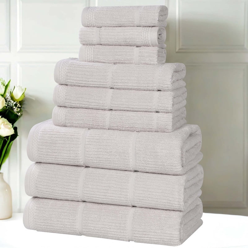 Superior Milo 9 Piece Smart Twist Cotton Towel Set, Medium Weight Ribbed Design Towels, Silver