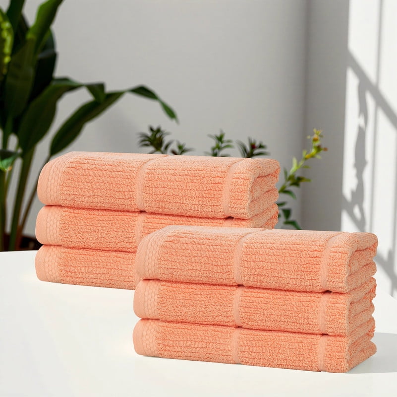 Superior Milo 6 Piece Smart Twist Cotton Hand Towels, Medium Weight Ribbed Design Towels, Peach
