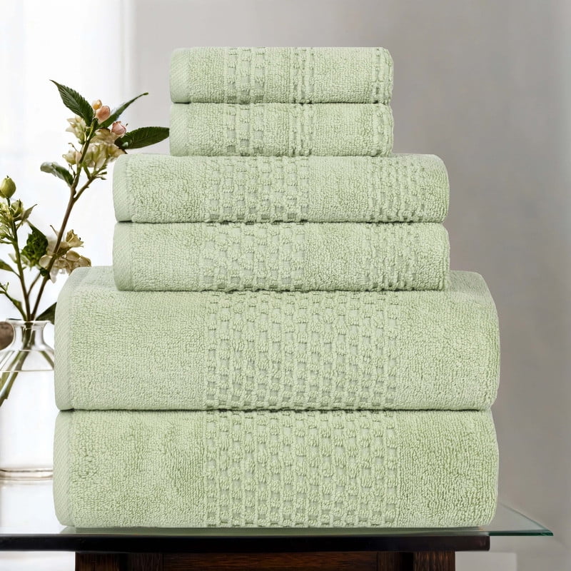 Superior Playa Zero Twist Cotton Solid Waffle Textured 6 Piece Towel Set, Green