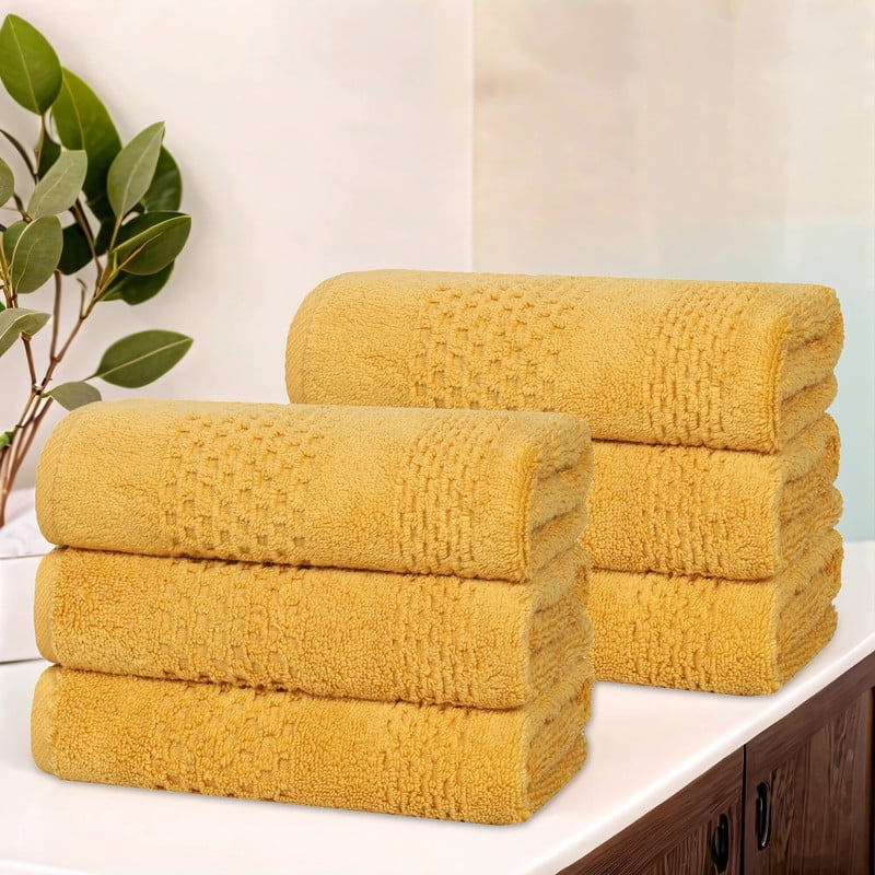 Superior Playa Zero Twist Cotton Solid Waffle Textured Absorbent Hand Towels, Set of 6, Gold